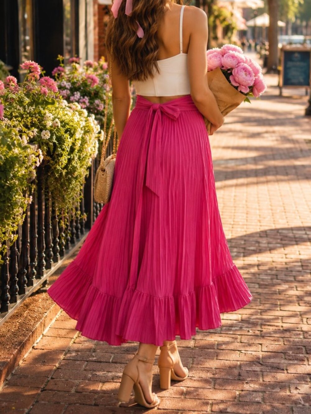 Niay Pink Pleated Ruffle Midi Skirt | Size Small